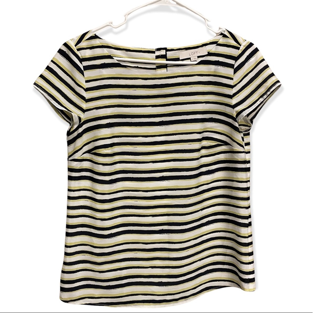 Ann Taylor LOFT Blouse Yellow and Black Striped Short Sleeved Lightweight Sz Sm